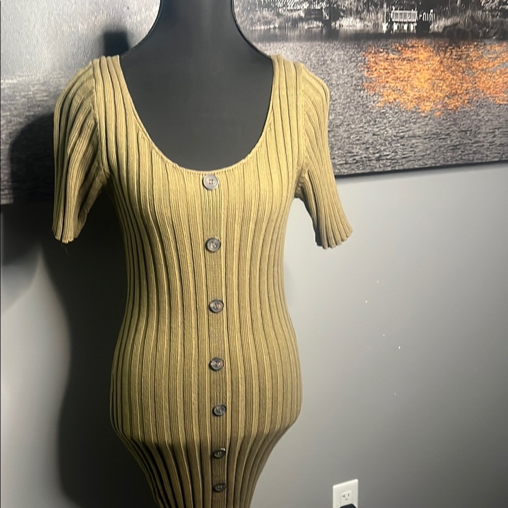 Fashion Nova Olive Ribbed Button-Down Dress
